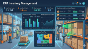 ERP inventory dashboard showing stock levels warehouse management and inventory tracking