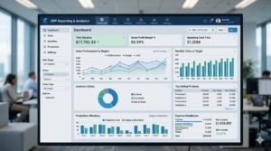 ERP reporting dashboard showing business analytics charts and manufacturing performance metrics