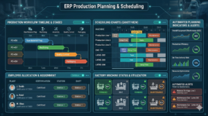 ERP production planning dashboard showing manufacturing workflow scheduling and machine utilization