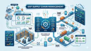 ERP supply chain dashboard connecting suppliers warehouses logistics and manufacturing processes