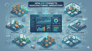 ERP manufacturing workflow connecting inventory production finance and supply chain
