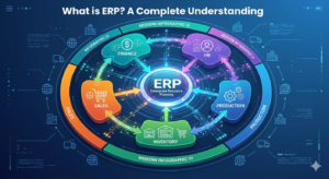 ERP system connecting multiple business departments with real-time data flow