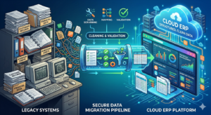 ERP data migration process showing transfer of business data from legacy systems into a cloud ERP platform