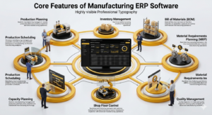 Core features of manufacturing ERP software including production planning, inventory management, MRP, BOM management, shop floor control and quality management.