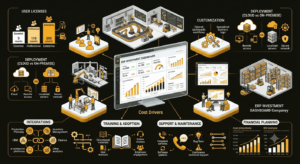 ERP software pricing factors including licensing, implementation, customization, support, and deployment options.