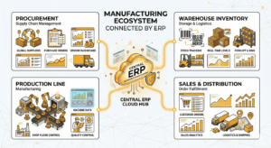 ERP system overview showing connected manufacturing inventory, warehouse, procurement, and production processes.