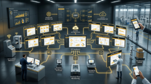 Manufacturing ERP modules including production, inventory, finance, procurement, warehouse, and analytics.