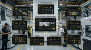 Manufacturing ERP system connecting inventory, production, finance, procurement, and supply chain operations.