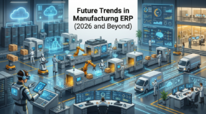 Future manufacturing ERP technology with AI, IoT, cloud computing, and smart factory automation.