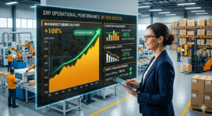 Manufacturing team using ERP dashboard showing future growth, digital transformation, and optimized inventory management.