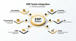 ERP system diagram showing integration between accounting, inventory, HR, sales, and CRM for small businesses