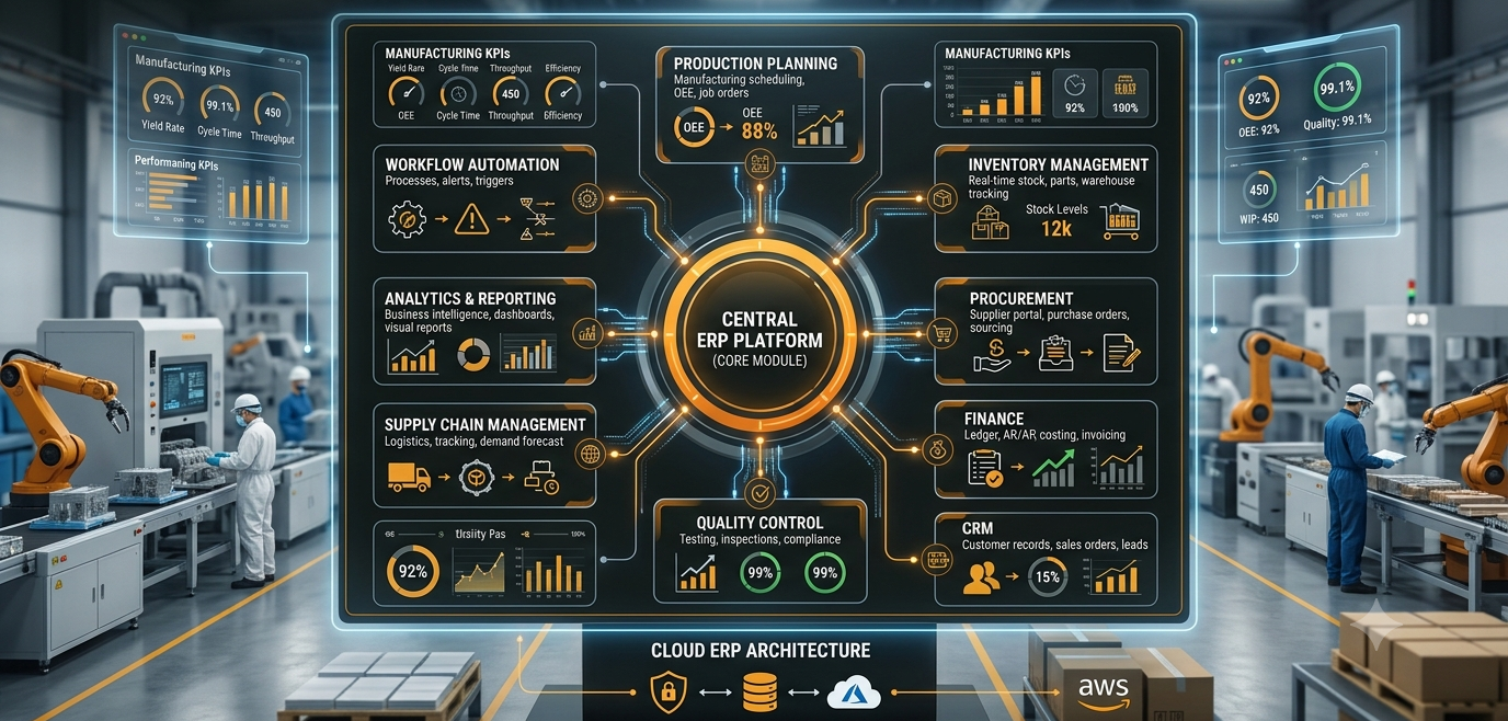 Manufacturing ERP software ecosystem connecting production inventory finance CRM and supply chain operations.