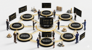 ERP manufacturing use cases showing inventory optimization, production scheduling, quality management, cost tracking and multi-location manufacturing operations.