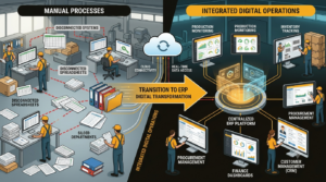 Digital transformation ERP overview showing integrated manufacturing business operations and automation.
