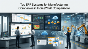 Comparison of ERP systems for manufacturing companies with production and business management dashboards.